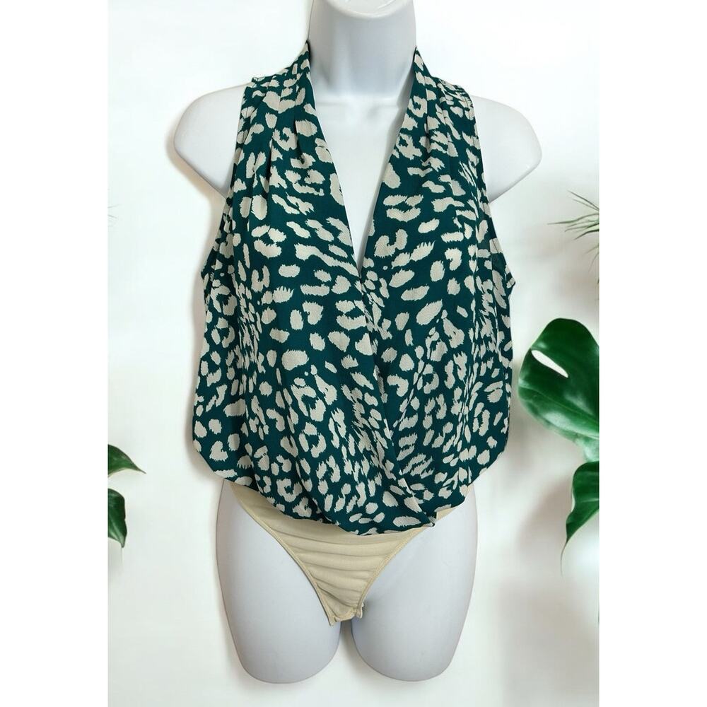 Lush Green Draped V-Neck Bodysuit Sz XS Loose Sleeveless Top Back Peephole